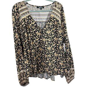 RIP CURL Dreamer Tunic Top Sz S Black Floral Button Down Peasant Sleeve Viscose